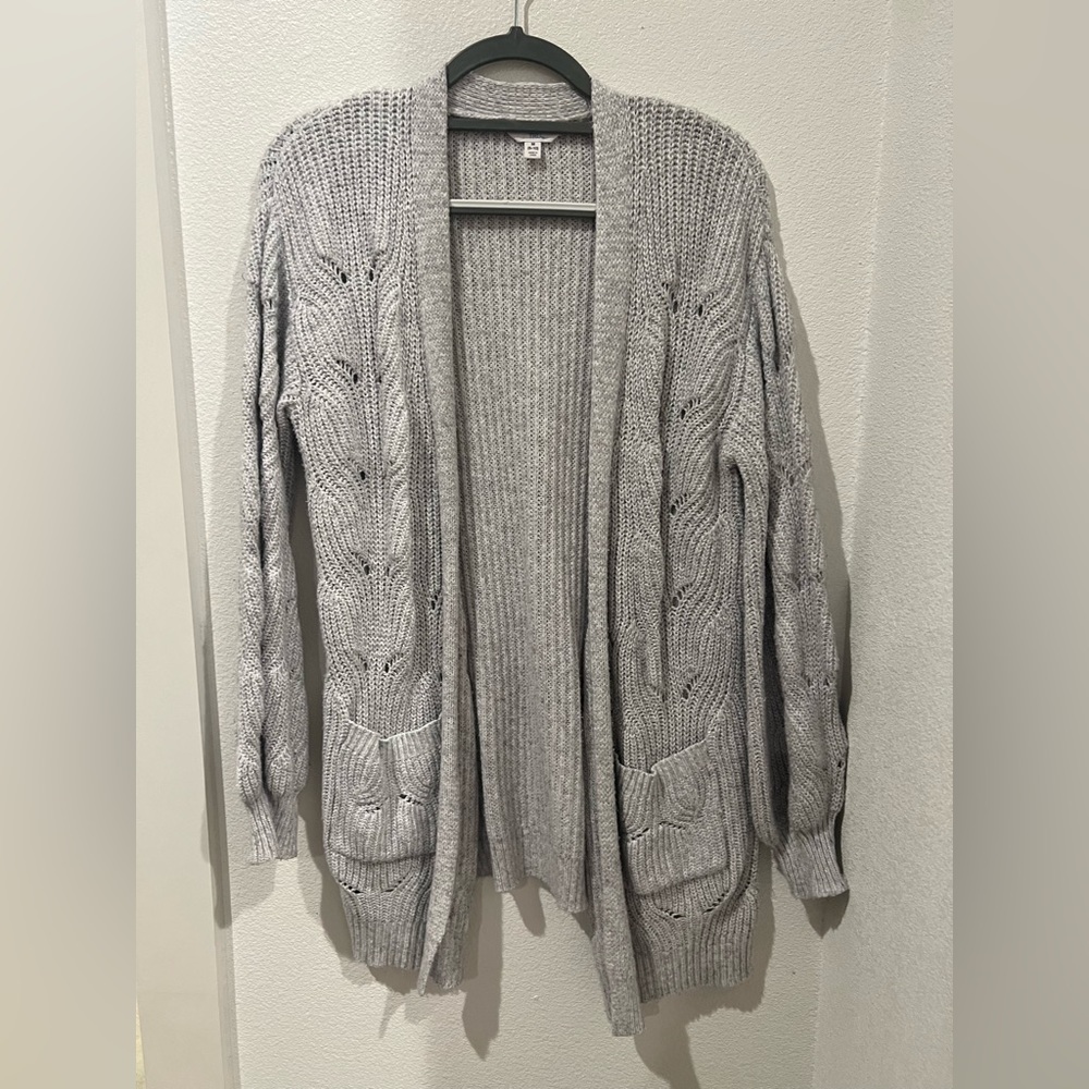 Light blue-gray long knit cardigan sweater